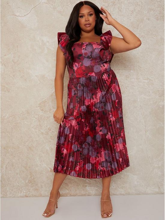 back image of chi-chi-london-curve-curvenbspruffle-floral-print-midi-dress-berry