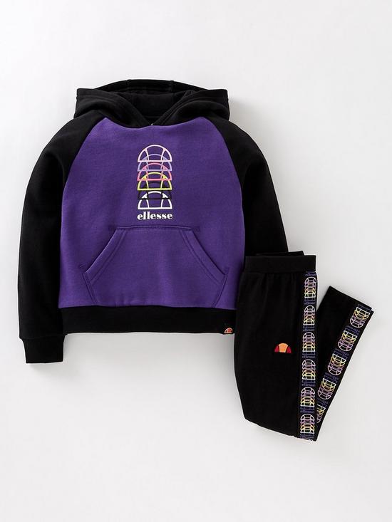 front image of ellesse-younger-girls-vedete-hoody-legging-set-purpleblack