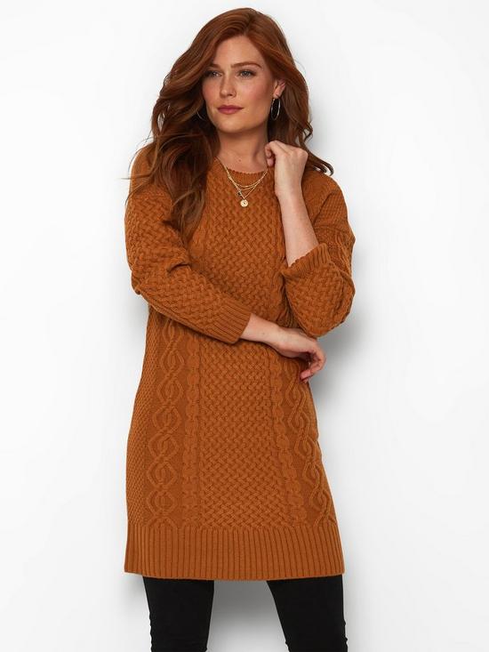 front image of joe-browns-funky-cable-knit-sweater-dress-mustard