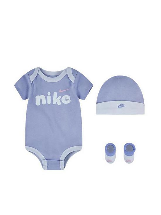 front image of nike-bodysuit-hat-and-booties-3-piece-set