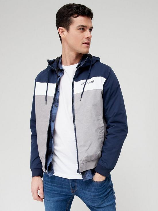 front image of jack-jones-colourblock-zip-through-hooded-jacket-navywhitegrey