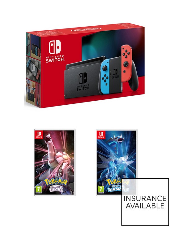 front image of nintendo-switch-neon-console-with-pokemon-shining-pearl-amp-pokemon-brilliant-diamond