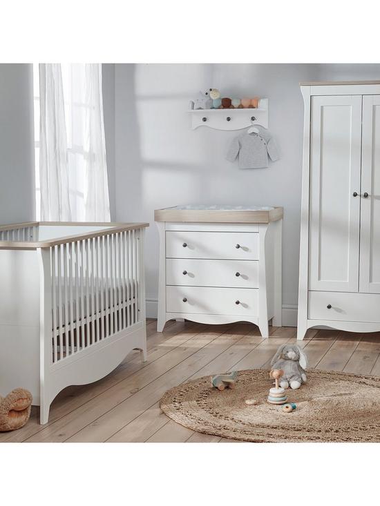 front image of cuddleco-clara-3pc-set-3-drawer-dresser-cot-bed-and-wardrobe-driftwood-ash