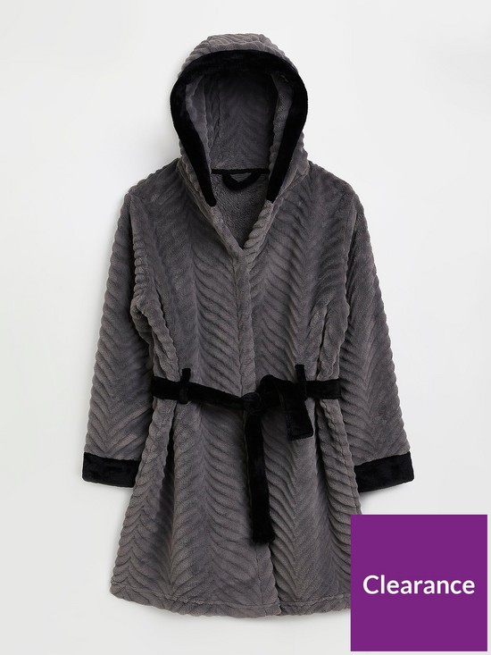 front image of river-island-boys-chevron-fluffy-dressing-gown-grey