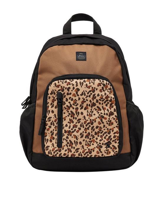 front image of joules-wanderer-recycled-poly-leopard-print-rucksack-black