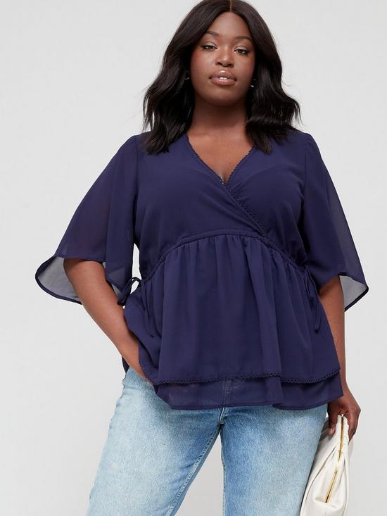 front image of v-by-very-curve-double-layer-angel-sleeve-blouse-navy