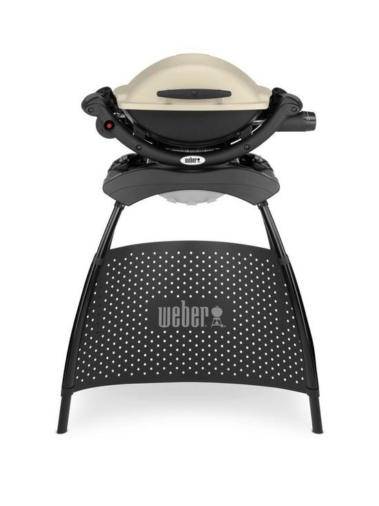 front image of weber-q-1000-gas-barbecue-with-stand-titanium