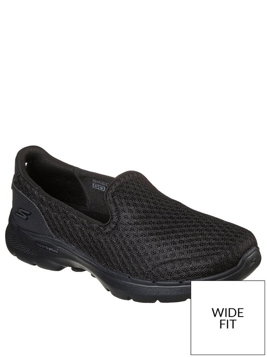 front image of skechers-wide-fit-go-walk-6-athletic-mesh-slip-on-trainers-black