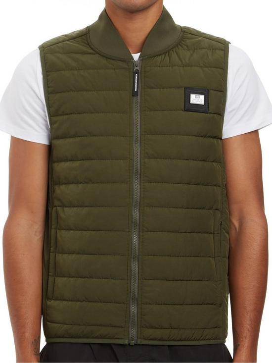 front image of weekend-offender-padded-gilet-dark-green