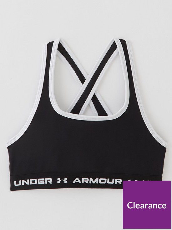 front image of under-armour-girls-crossback-sports-bra-blackwhitenbsp