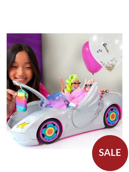 stillFront image of barbie-extra-silver-car-with-rolling-wheels-pet-puppy-amp-accessories