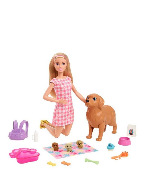front image of barbie-newborn-pups-doll-and-puppy-playset