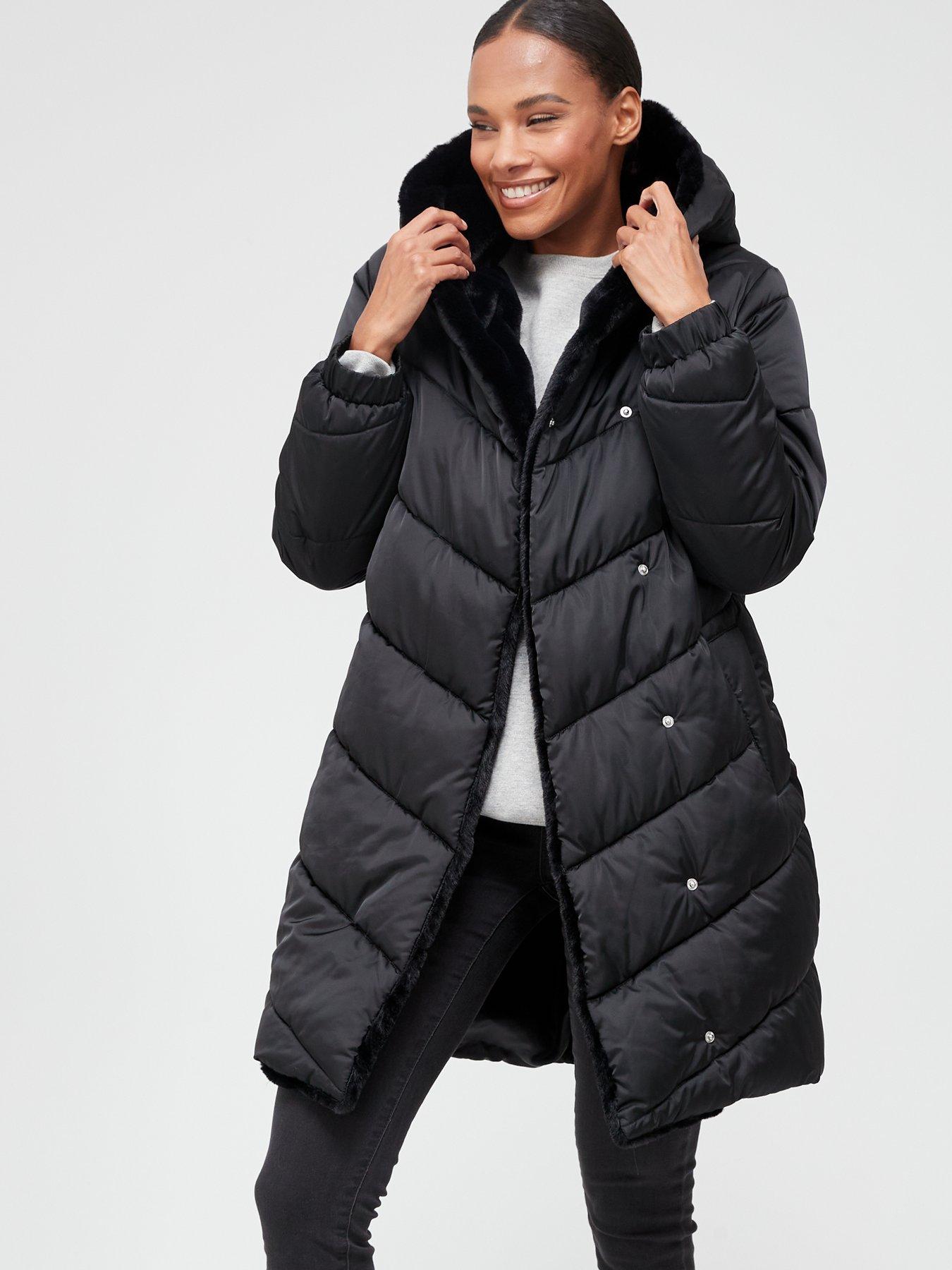V by Very Faux Fur Shawl Collar Padded Coat Black Littlewoods