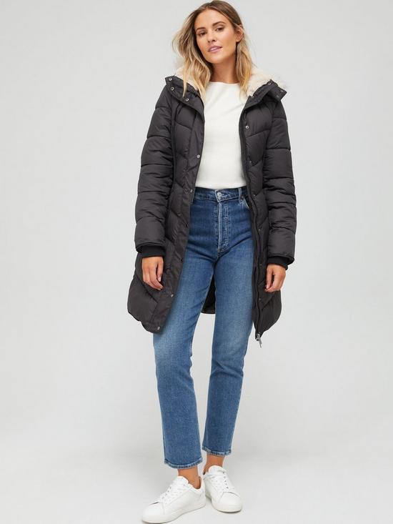 front image of v-by-very-waist-detail-padded-coat-black
