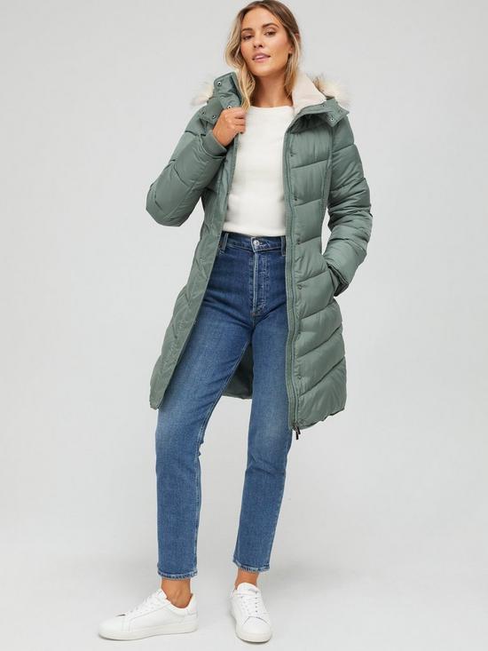 front image of v-by-very-waist-detail-padded-coat-khaki