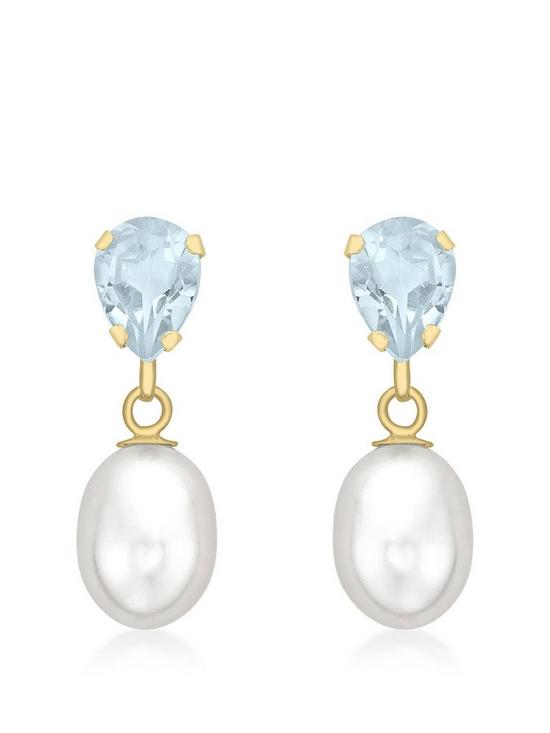 front image of love-gold-9ct-yellow-gold-blue-topaz-and-pearl-7mm-x-20mm-teardrop-earrings