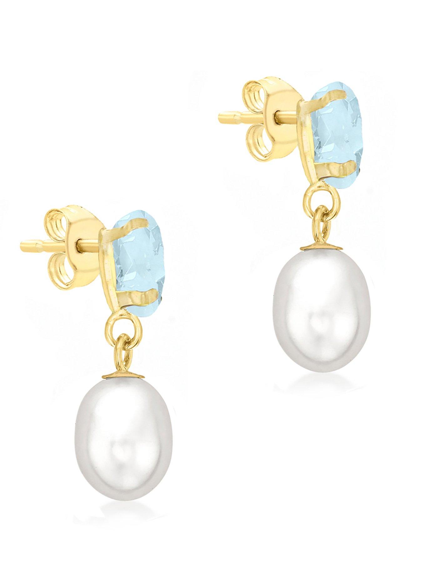  image of the-love-collection-9ct-yellow-gold-blue-topaz-and-pearl-7mm-x-20mm-teardrop-earrings