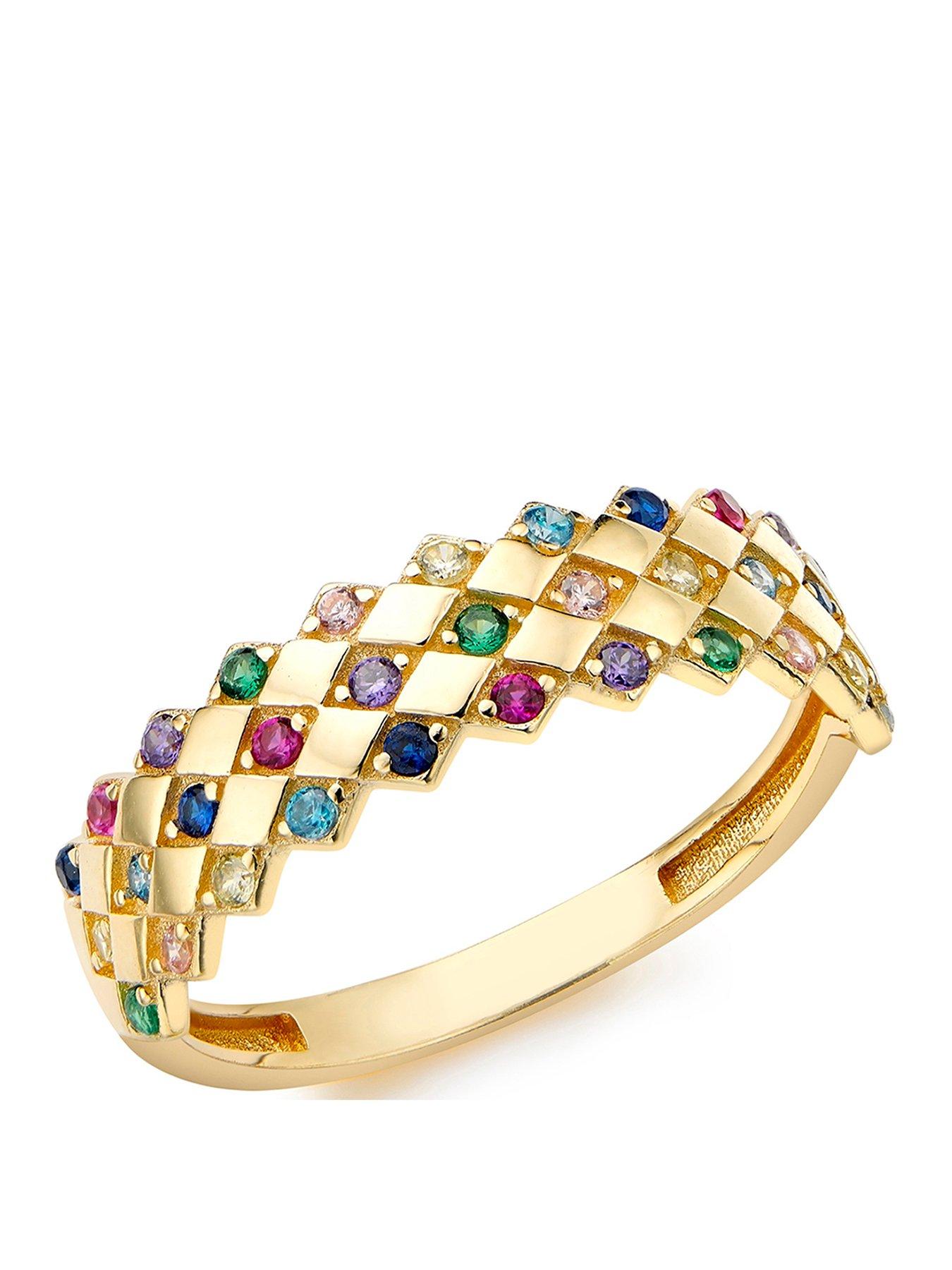 Image 1 of 4 of The Love Collection 9ct Yellow Gold 33 x 1mm Multi-Colour Round CZ 5mm Rhombus-Pattern Ring
