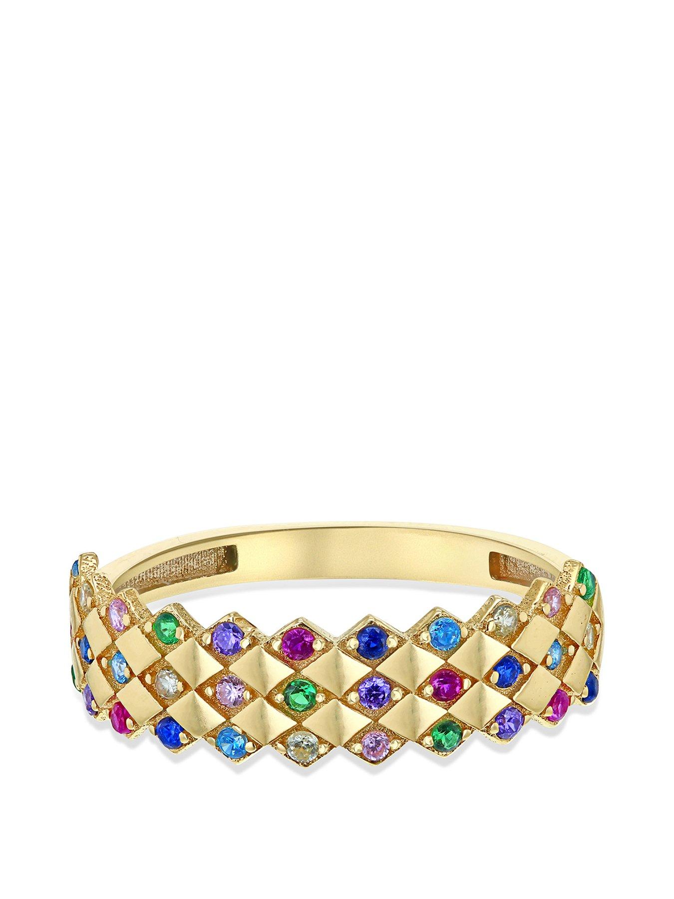  image of the-love-collection-9ct-yellow-gold-33-x-1mm-multi-colour-round-cz-5mm-rhombus-pattern-ring
