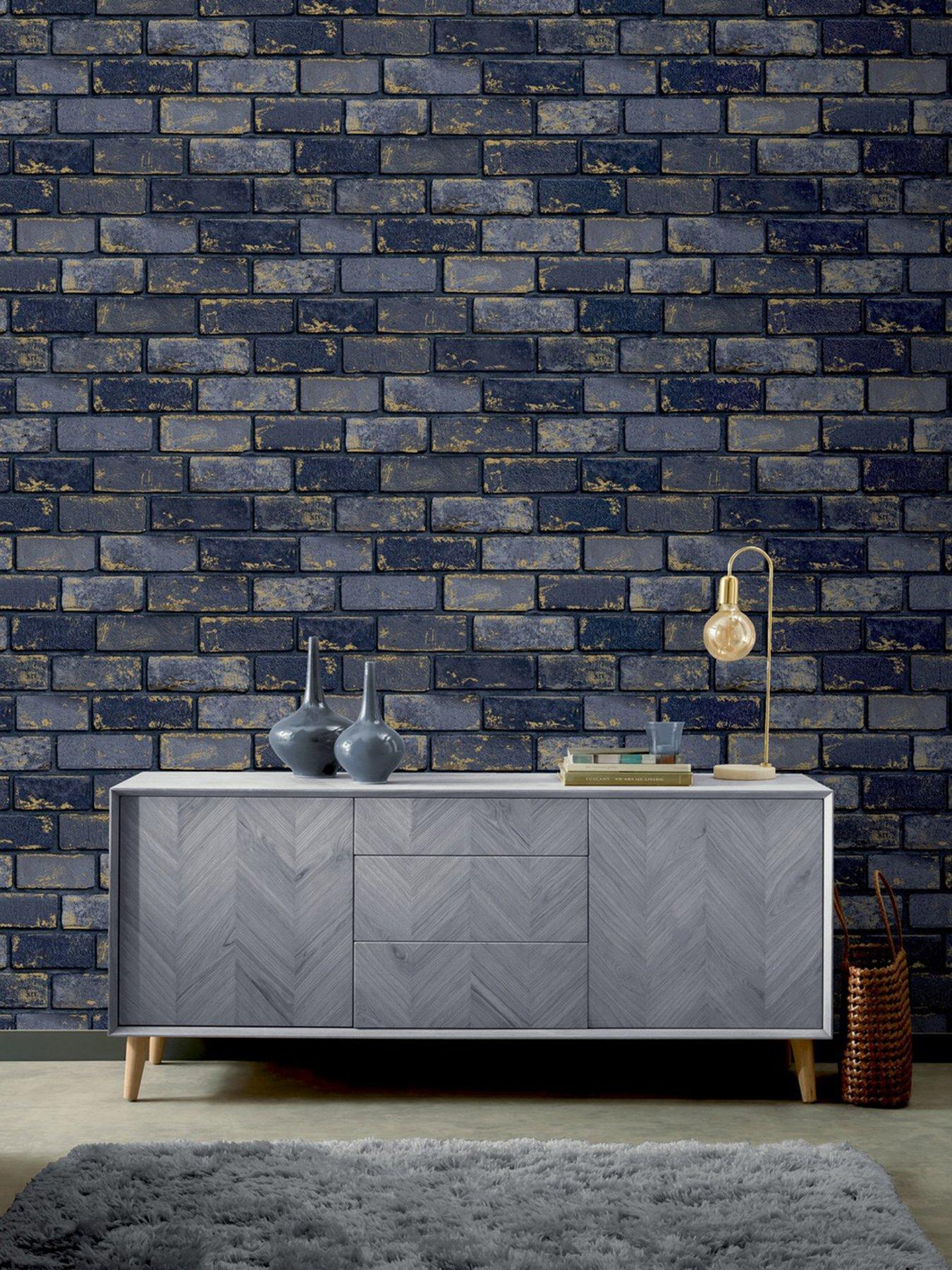 arthouse-metallic-brick-navy-wallpaper