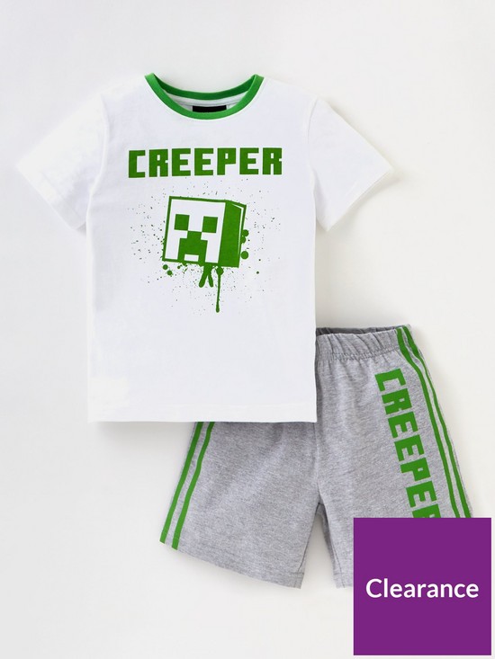 front image of minecraft-boys-creeper-short-pj-whitegreen