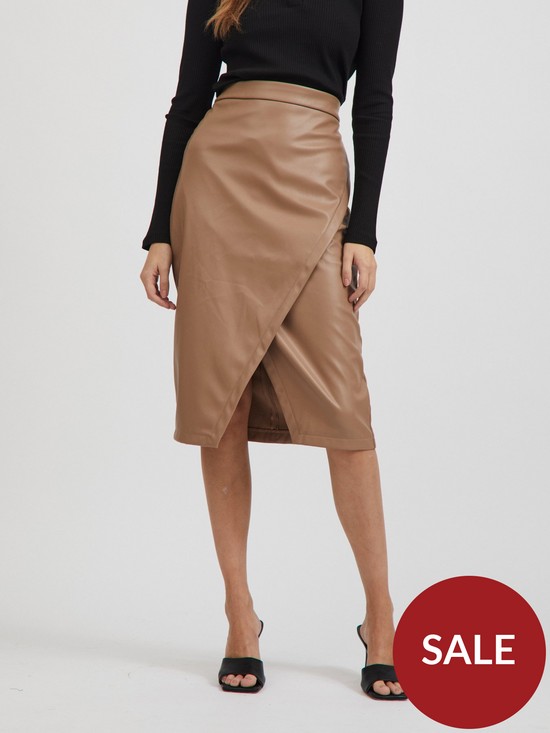 front image of vila-vitrya-high-waist-coated-wrap-midi-skirt-beige