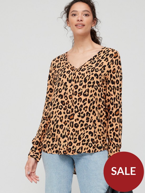 front image of vila-vipaya-v-neck-leopard-print-shirt-beige