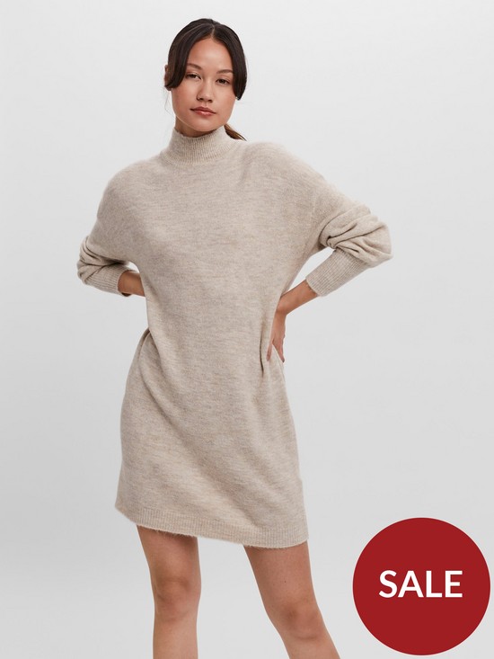 front image of vero-moda-high-neck-knitted-dress-oatmeal