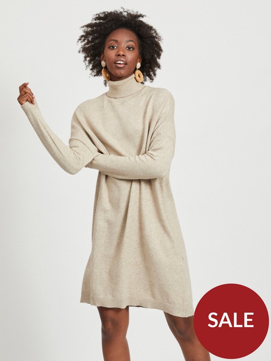 front image of vila-viril-roll-neck-knitted-tunic-dress-beige