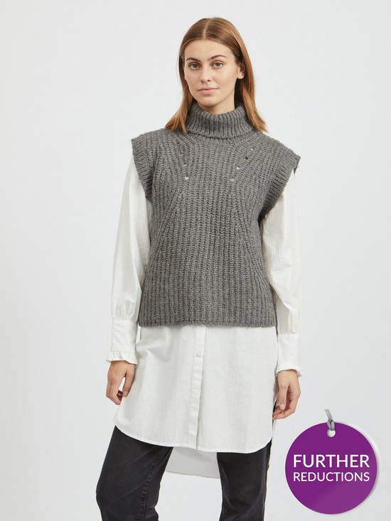 front image of vila-visuba-roll-neck-knit-vest-grey