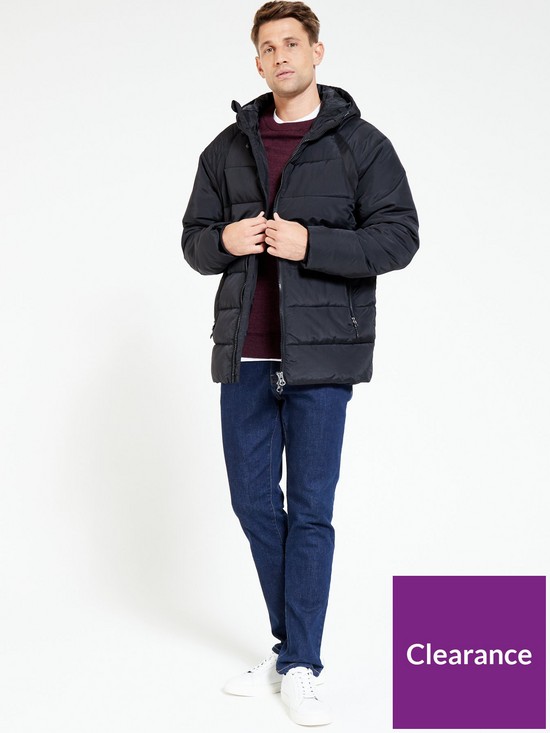 front image of very-man-midweight-hooded-padded-coat-black