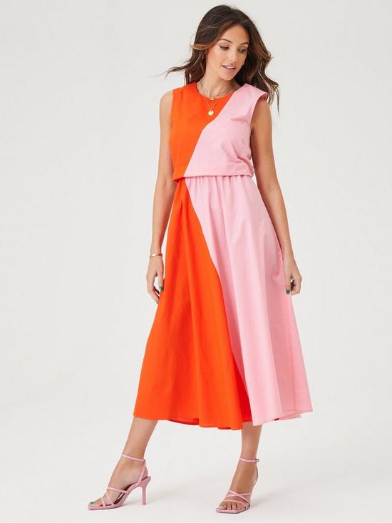 front image of michelle-keegan-colour-block-midi-dress-pink