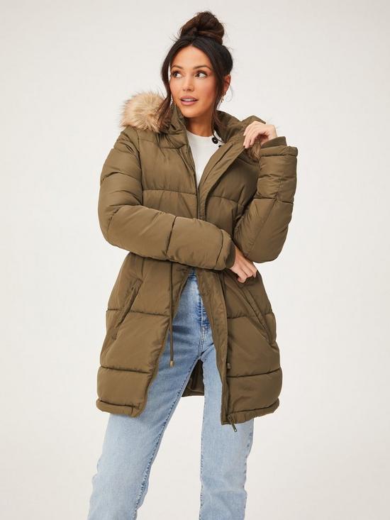 front image of michelle-keegan-premium-waisted-padded-coat-olive