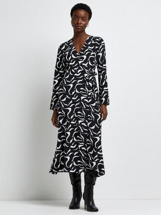 front image of river-island-abstract-wrap-midinbspdress-black