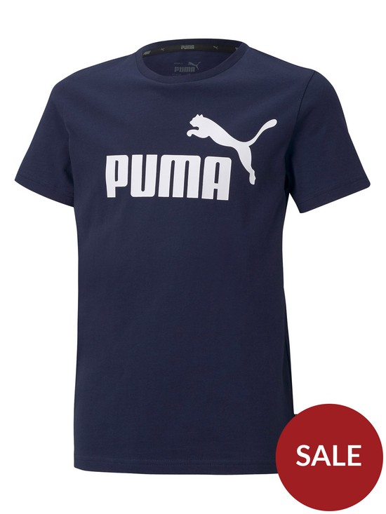 front image of puma-boys-essentials-logo-t-shirt-navy