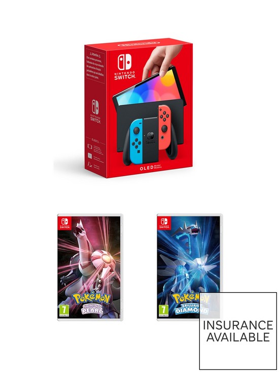 front image of nintendo-switch-oled-oled-neon-console-withnbsppokemon-shining-pearl-and-pokemon-brilliant-diamond