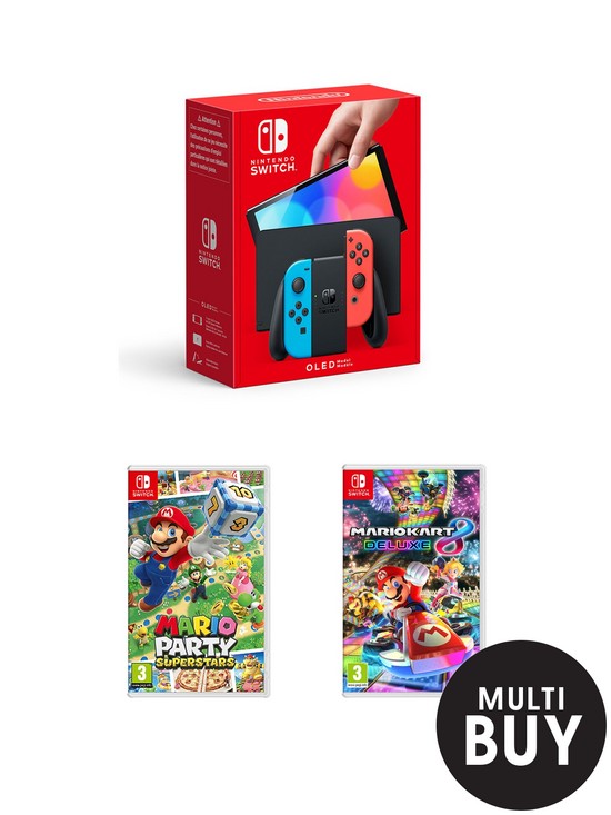 front image of nintendo-switch-oled-oled-neon-console-withnbspmario-party-superstars-amp-mario-kart-8
