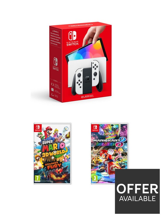 front image of nintendo-switch-oled-switch-oled-white-consolenbspwith-super-mario-3d-world-bowserrsquos-fury-plus-mario-kart-8