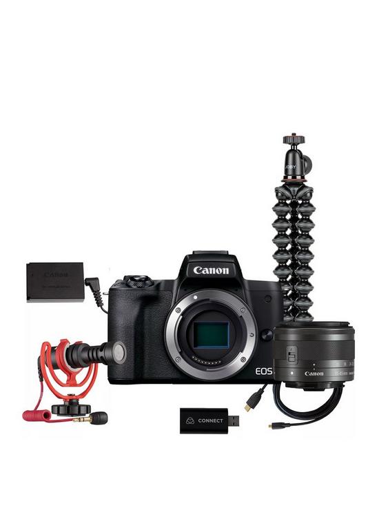 front image of canon-eos-m50-mark-ii-live-streaming-kit-15-45mm-lens-joby-tripod-rode-mic