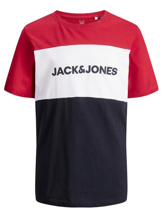 front image of jack-jones-junior-boys-logo-blocking-t-shirt-tango-red