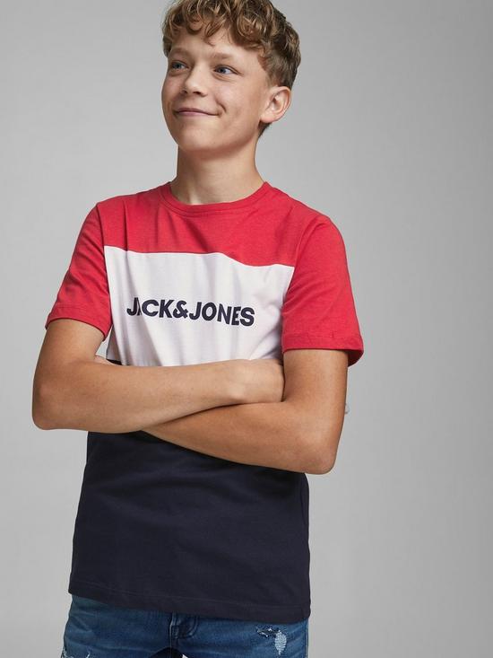 stillFront image of jack-jones-junior-boys-logo-blocking-t-shirt-tango-red