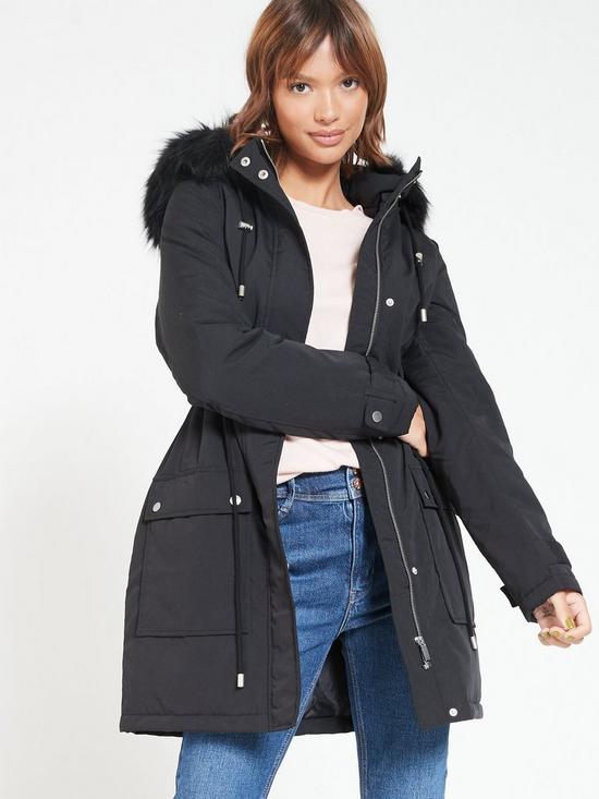 front image of everyday-ultimate-parka-with-faux-fur-trim-black