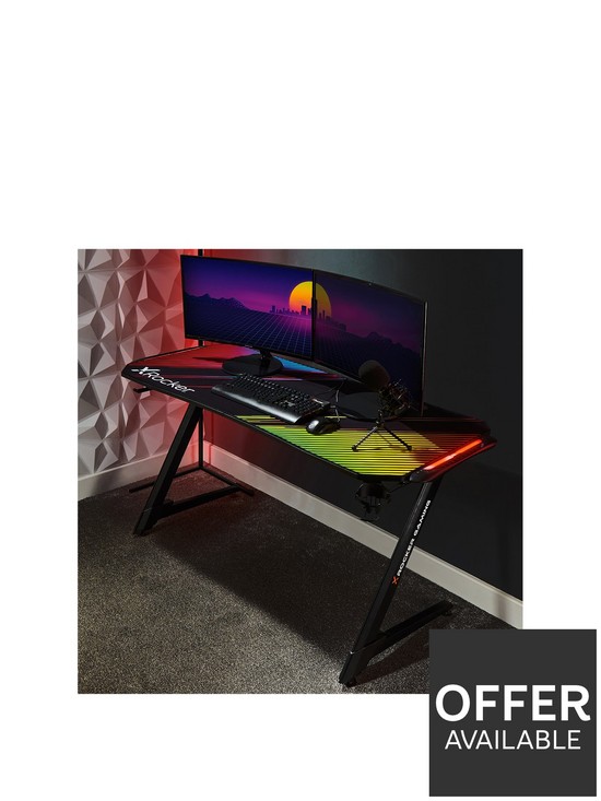 front image of x-rocker-jaguar-grey-esports-gaming-desk-with-led-edge-lighting