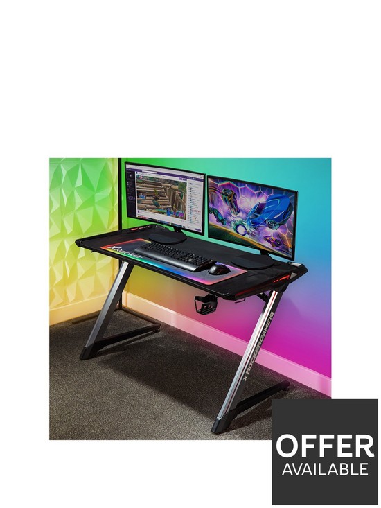 front image of x-rocker-lynx-aluminium-ultimate-gaming-desk-with-vibrant-rgb-led-side-lighting