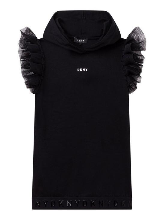 front image of dkny-girls-frill-sleeve-hooded-dress-black