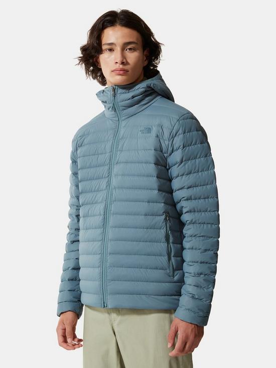 front image of the-north-face-stretch-down-hooded-jacket-blue