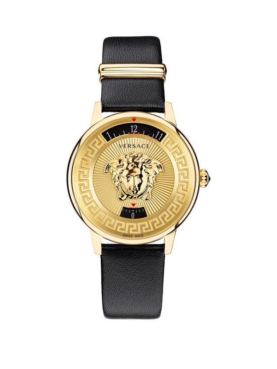 front image of versace-medusa-icon-38mm-case-black-strap-gold-dial
