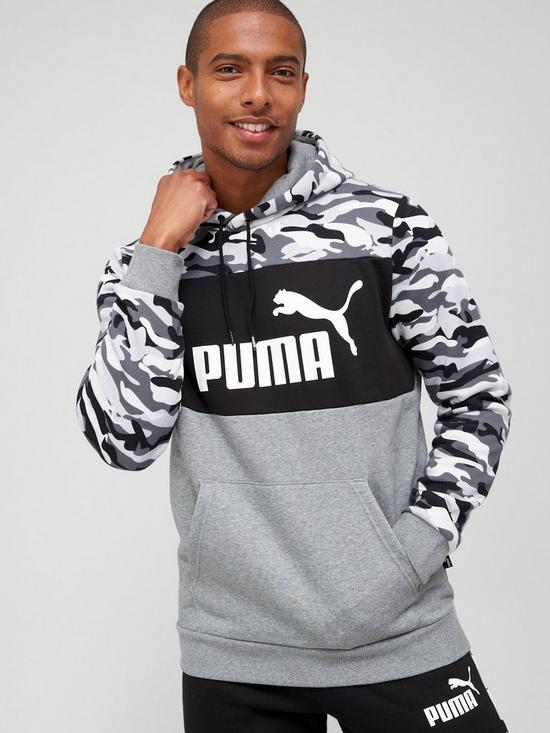 front image of puma-essentials-camo-hoodie-black