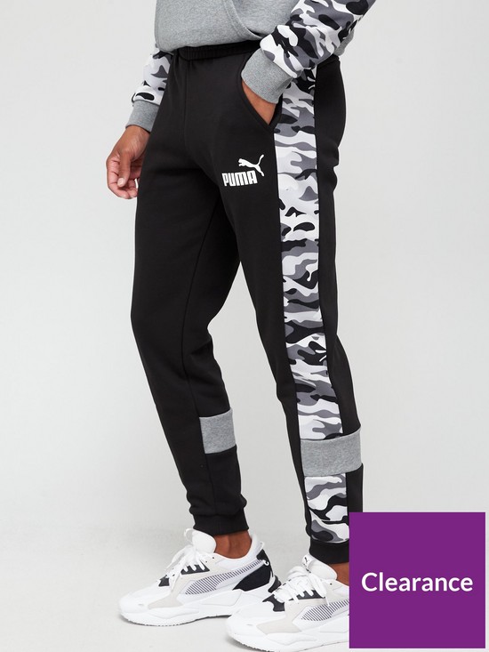 front image of puma-essentials-camo-sweatpants-black