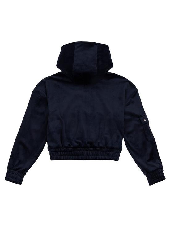 back image of juicy-couture-girls-velour-quarter-zip-patch-pocket-hoodie-dark-blue